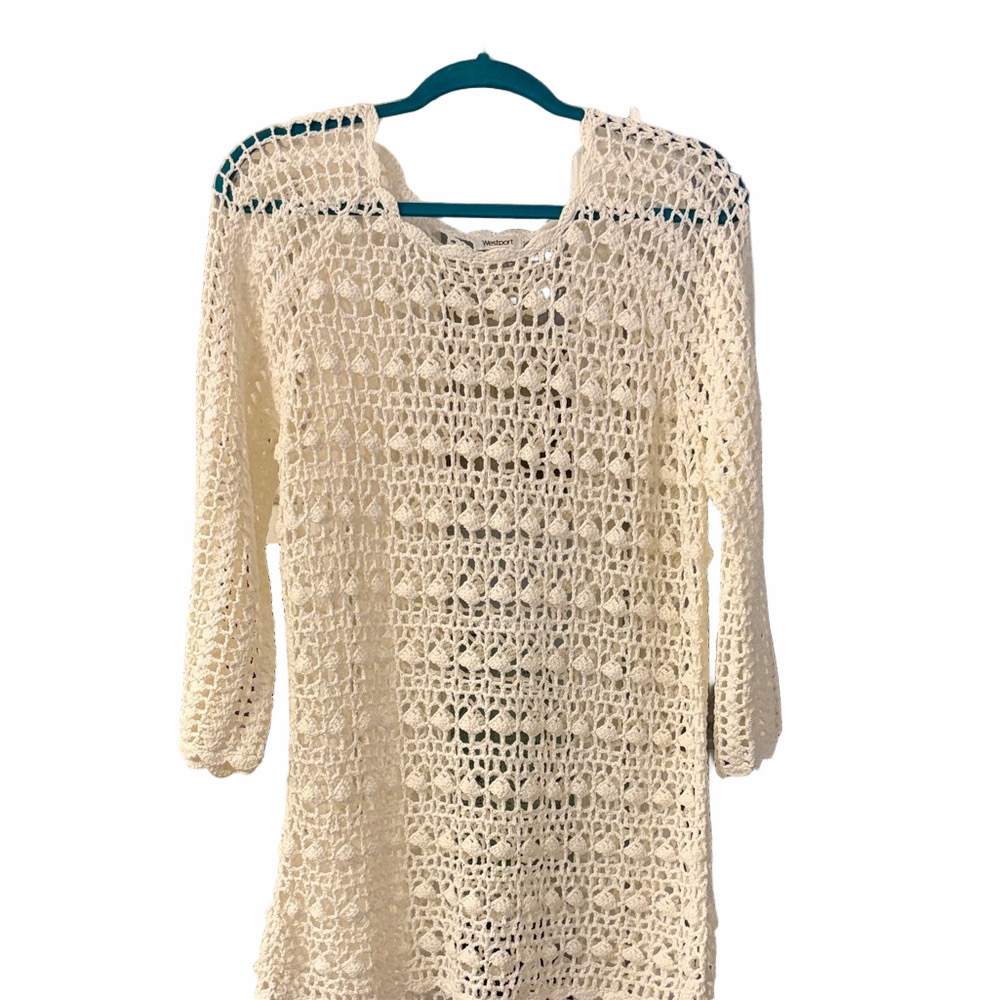 Westport white crochet open weave tunic sweater or mini dress,3/4 sleeve. L